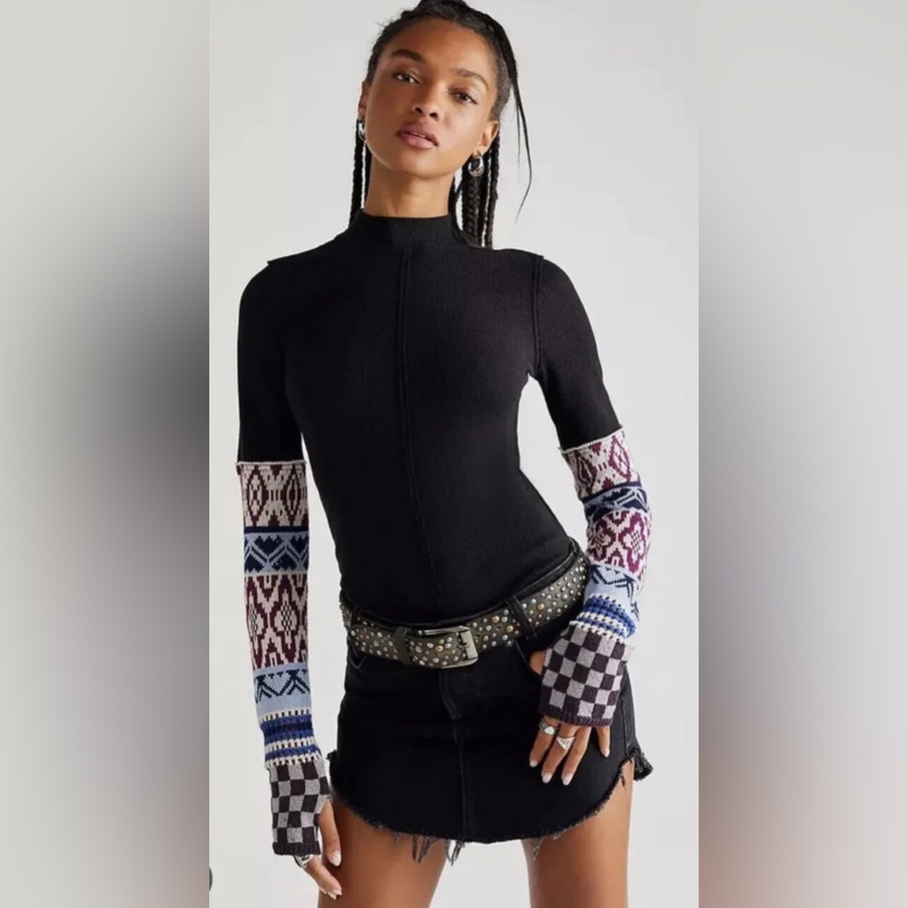 Free People Gorgeous Cuff Checkered Sleeve Thermal Top Black XS